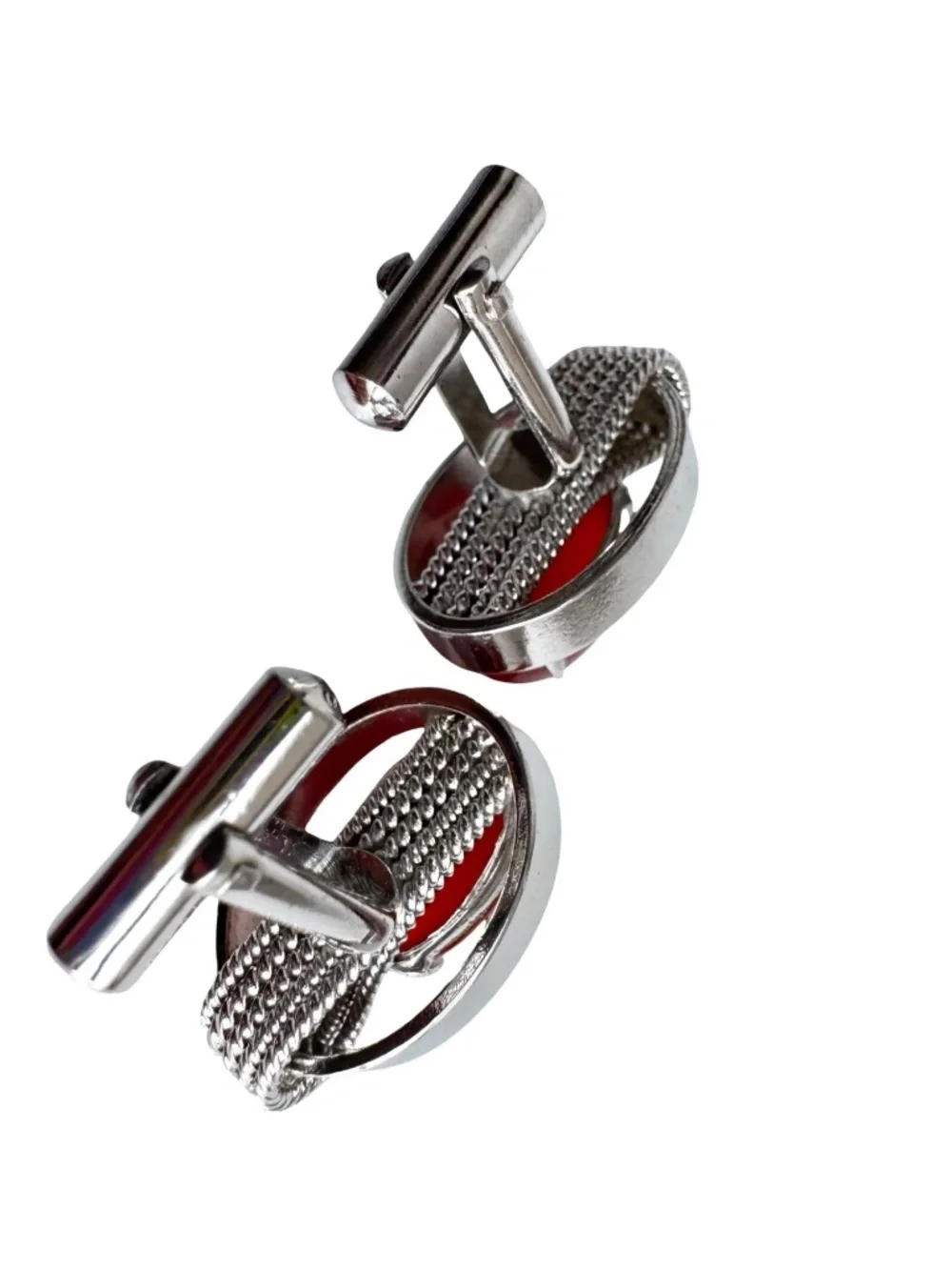 Vintage Red Cabochon Cufflinks Silver Tone Oval Mens Formal Jewelry Groom Gift